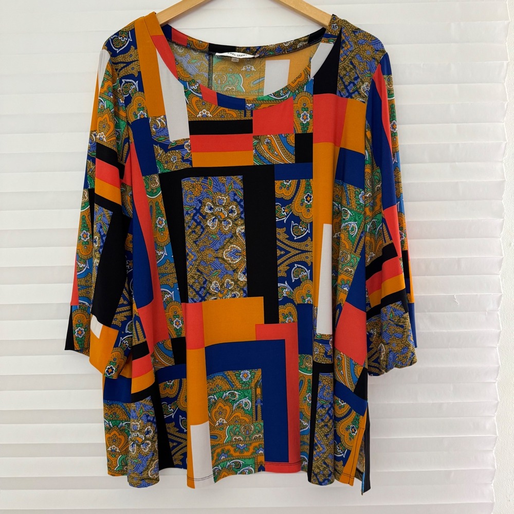 Jones Studio Womens‎ 2X Patchwork Paisley Geometric 3/4 Sleeve Top Retro Chic